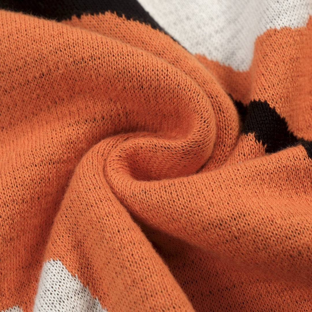 Zwarte retro vosjacquardgebreide herenpolo met V-hals