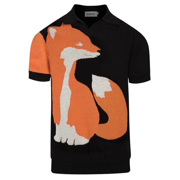 Zwarte retro vosjacquardgebreide herenpolo met V-hals