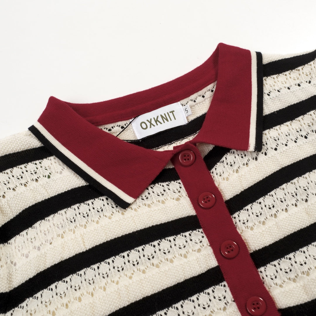 Women's white striped hollow-out vintage knit polo
