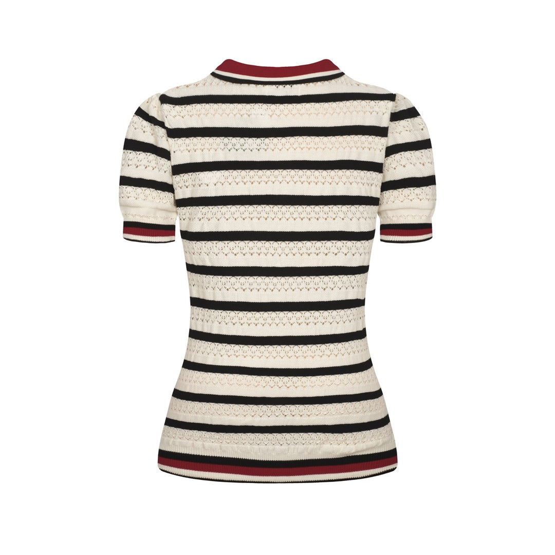 Women's white striped hollow-out vintage knit polo