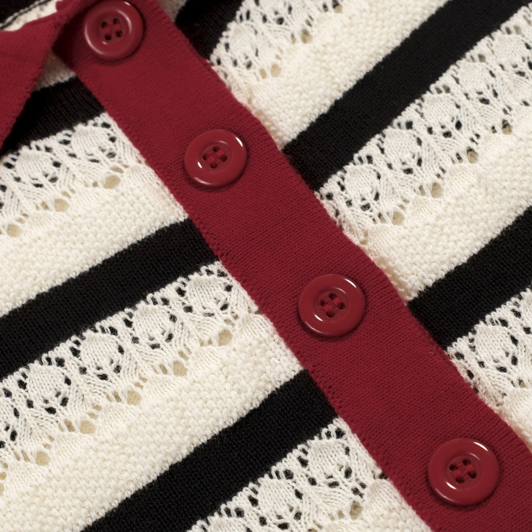 Women's white striped hollow-out vintage knit polo