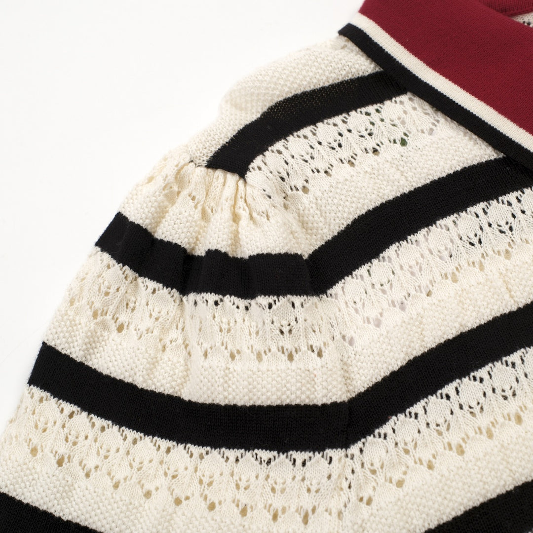 Women's white striped hollow-out vintage knit polo