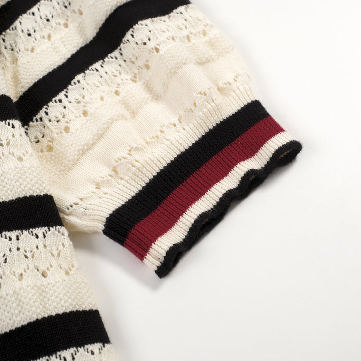 Women's white striped hollow-out vintage knit polo