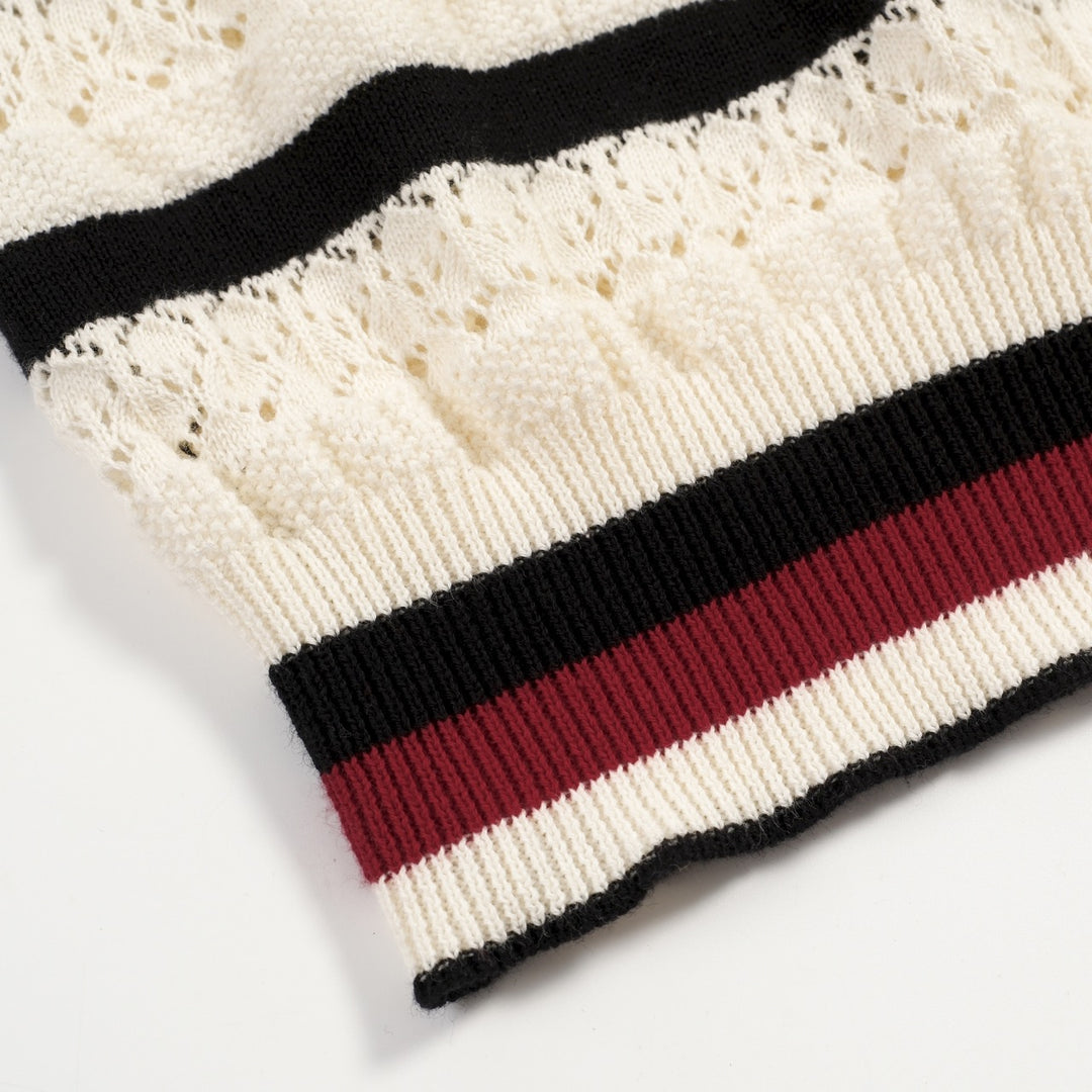 Women's white striped hollow-out vintage knit polo