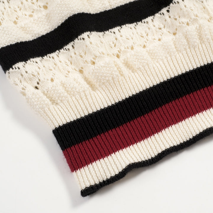Women's white striped hollow-out vintage knit polo