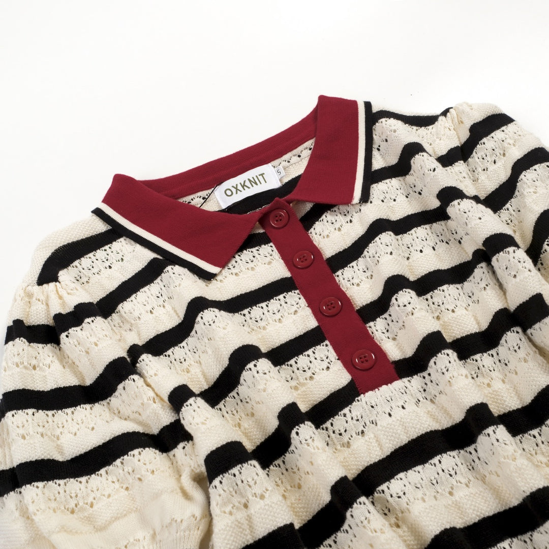 Women's white striped hollow-out vintage knit polo