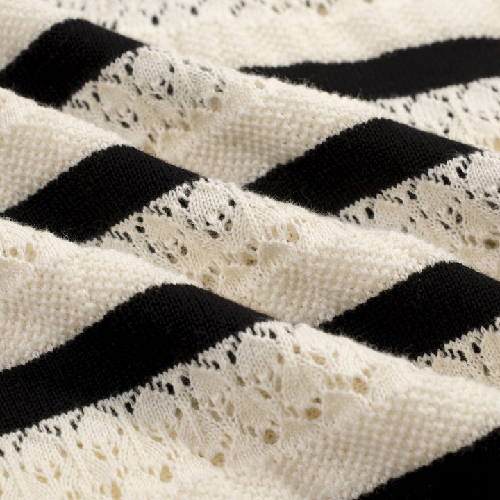 Women's white striped hollow-out vintage knit polo