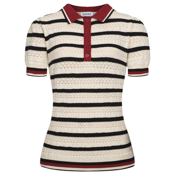 Women's white striped hollow-out vintage knit polo