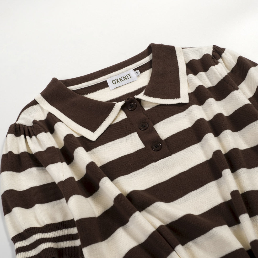 Women's brown striped fashion vintage knit polo