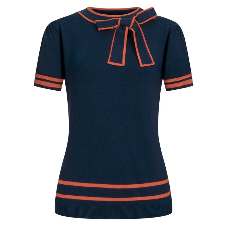 Women's Dark Blue Striped Vintage Jacquard Knit T-Shirt