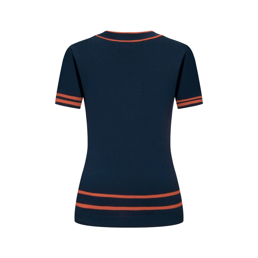Women's Dark Blue Striped Vintage Jacquard Knit T-Shirt