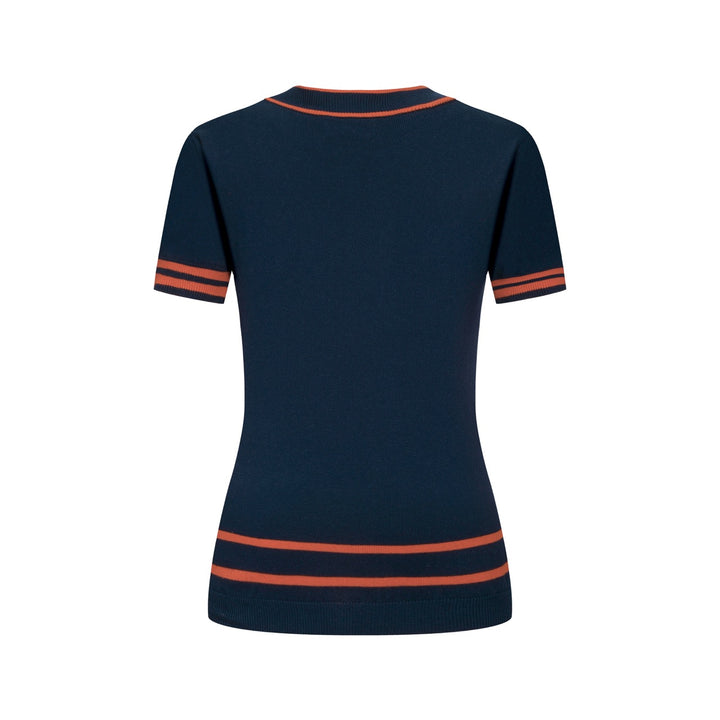 Women's Dark Blue Striped Vintage Jacquard Knit T-Shirt