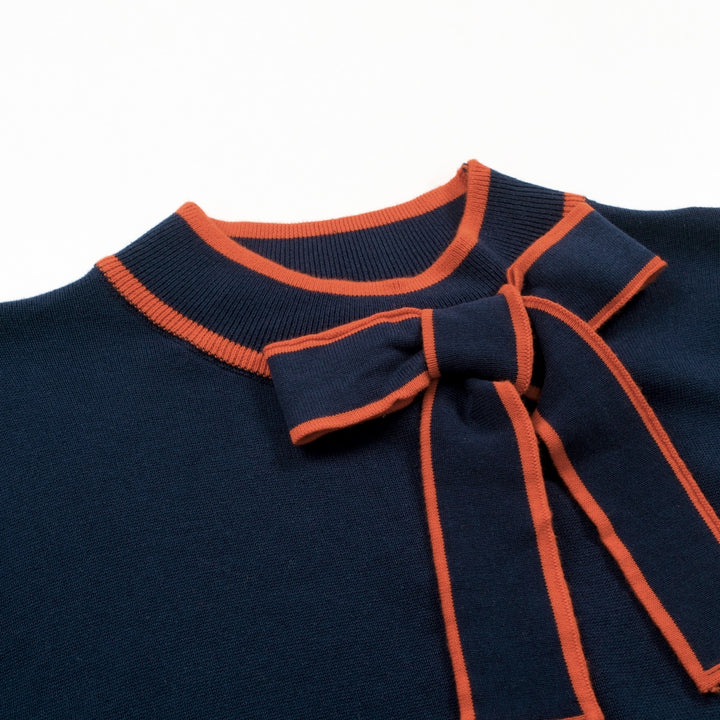 Women's Dark Blue Striped Vintage Jacquard Knit T-Shirt