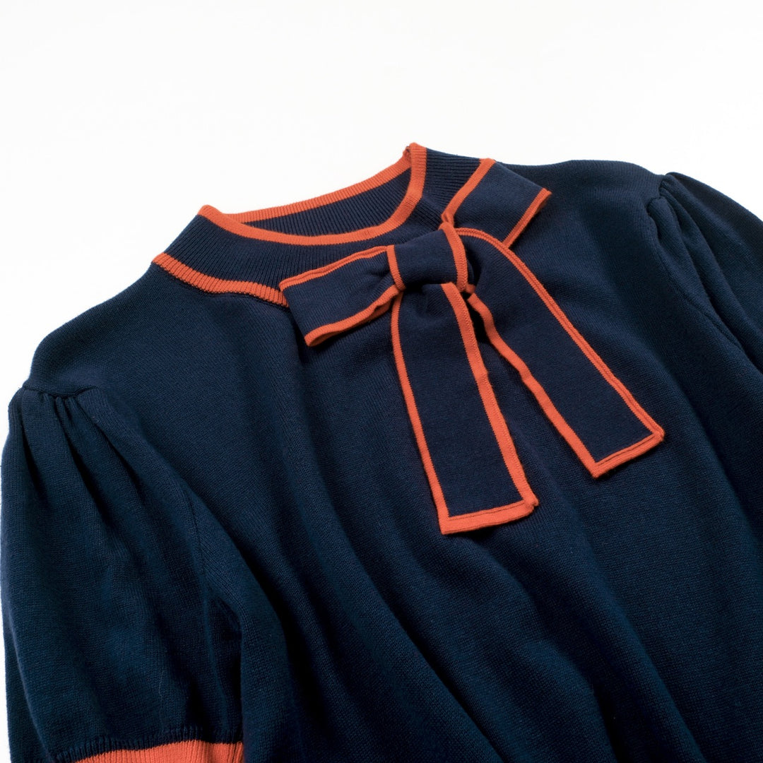 Women's Dark Blue Striped Vintage Jacquard Knit T-Shirt