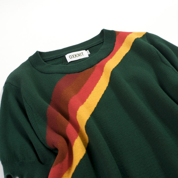 Women's Green Striped Classic Retro Jacquard Knit T-Shirt