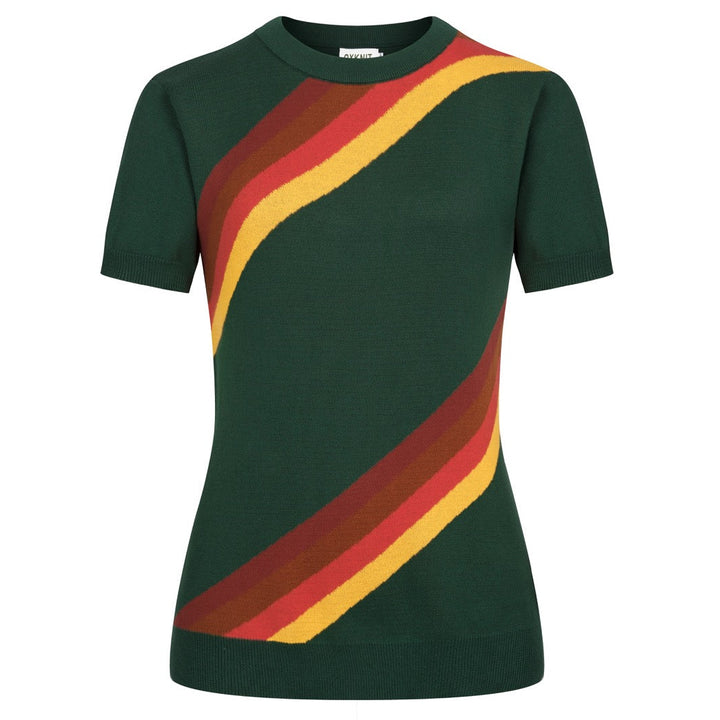 Women's Green Striped Classic Retro Jacquard Knit T-Shirt