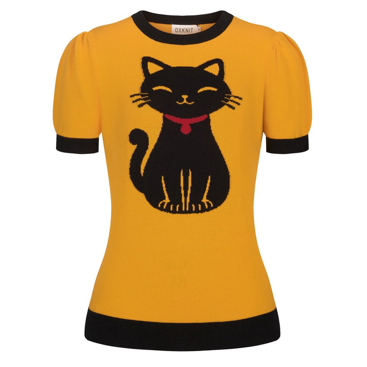 Women's Turmeric Kitten Classic Retro Jacquard Knit T-Shirt