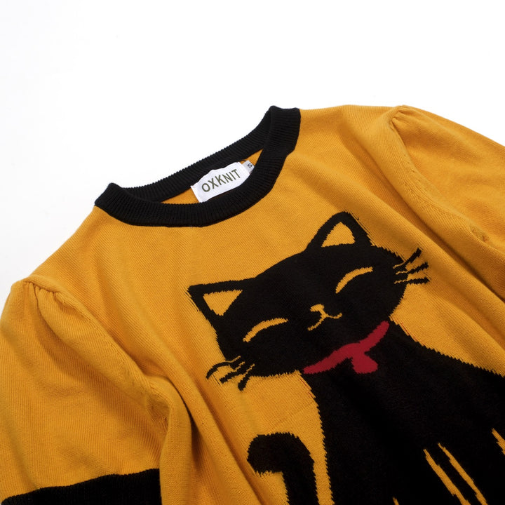 Women's Turmeric Kitten Classic Retro Jacquard Knit T-Shirt