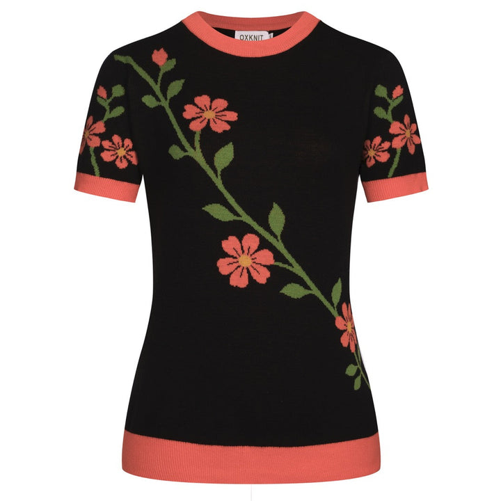 Klassiek jacquardgebreid T-shirt voor dames met zwart bloemenmotief