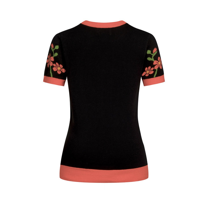 Klassiek jacquardgebreid T-shirt voor dames met zwart bloemenmotief