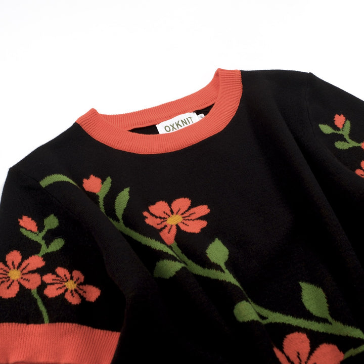 Klassiek jacquardgebreid T-shirt voor dames met zwart bloemenmotief
