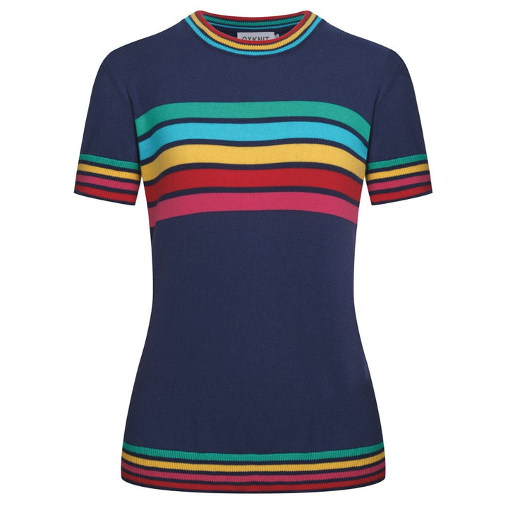 Women's Dark Blue Rainbow Striped Classic Jacquard Knit T-Shirt