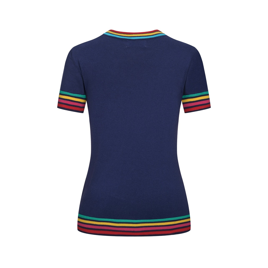 Women's Dark Blue Rainbow Striped Classic Jacquard Knit T-Shirt
