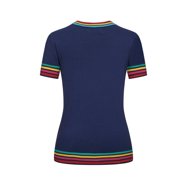 Women's Dark Blue Rainbow Striped Classic Jacquard Knit T-Shirt