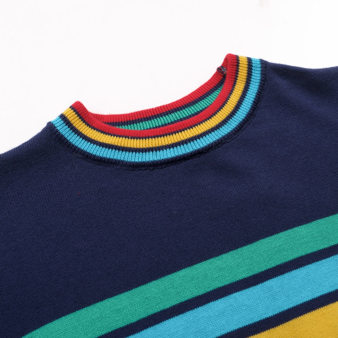 Women's Dark Blue Rainbow Striped Classic Jacquard Knit T-Shirt
