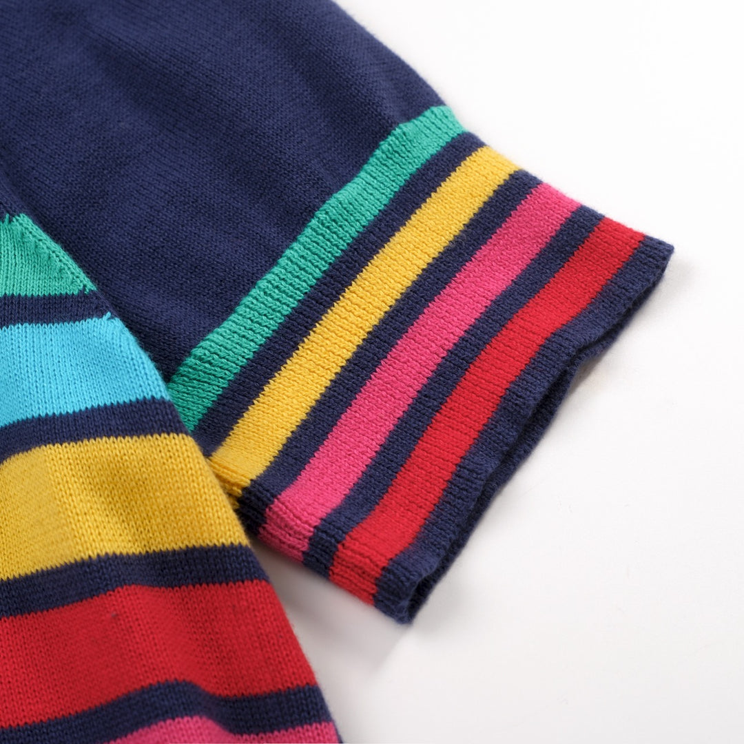 Women's Dark Blue Rainbow Striped Classic Jacquard Knit T-Shirt