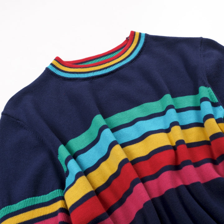 Women's Dark Blue Rainbow Striped Classic Jacquard Knit T-Shirt
