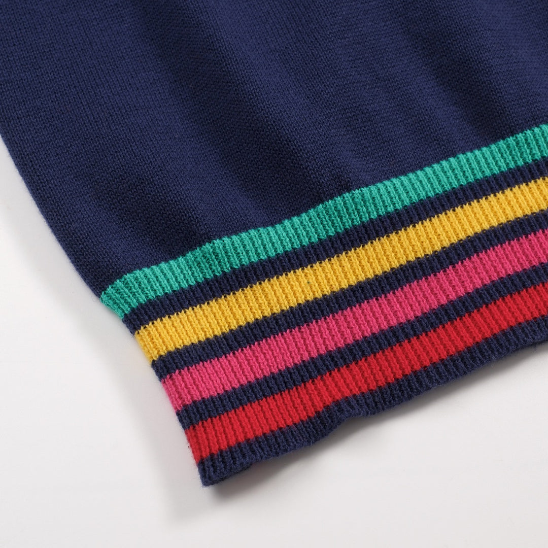 Women's Dark Blue Rainbow Striped Classic Jacquard Knit T-Shirt