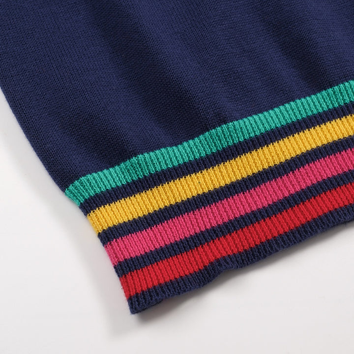 Women's Dark Blue Rainbow Striped Classic Jacquard Knit T-Shirt