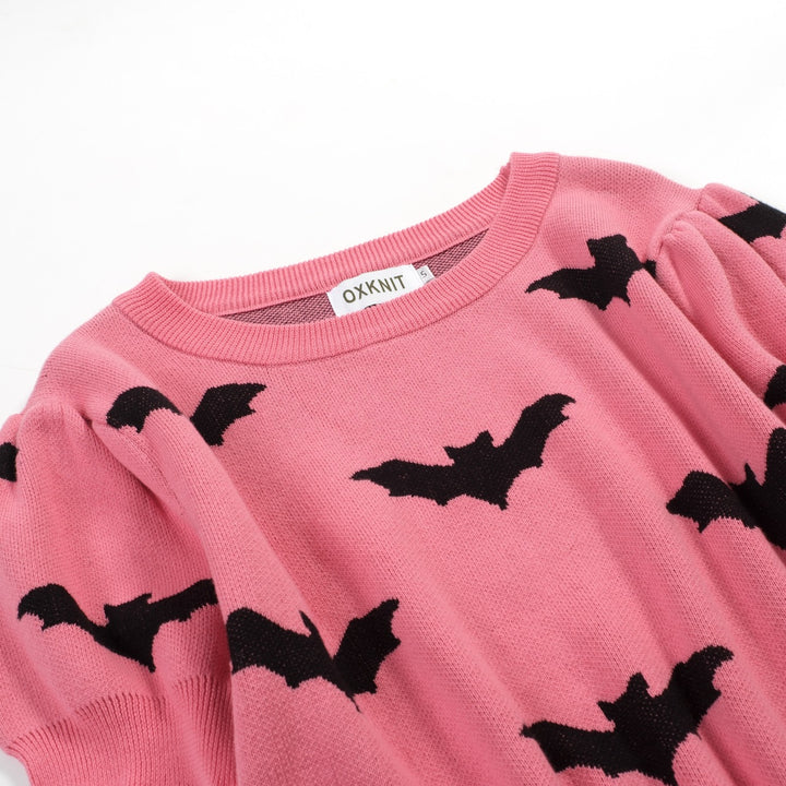 Damen Pink Fledermaus-Art Retro Classic Jacquard-Strick T-Shirt