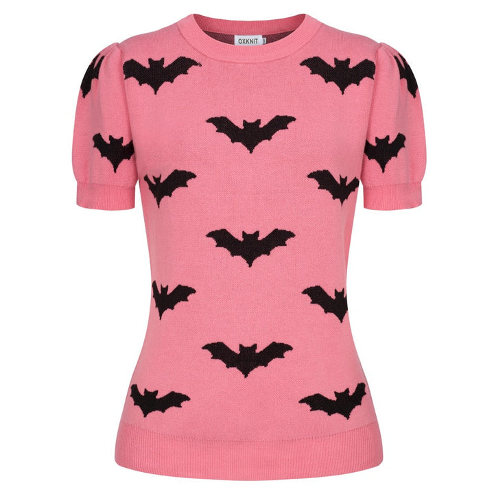 Damen Pink Fledermaus-Art Retro Classic Jacquard-Strick T-Shirt