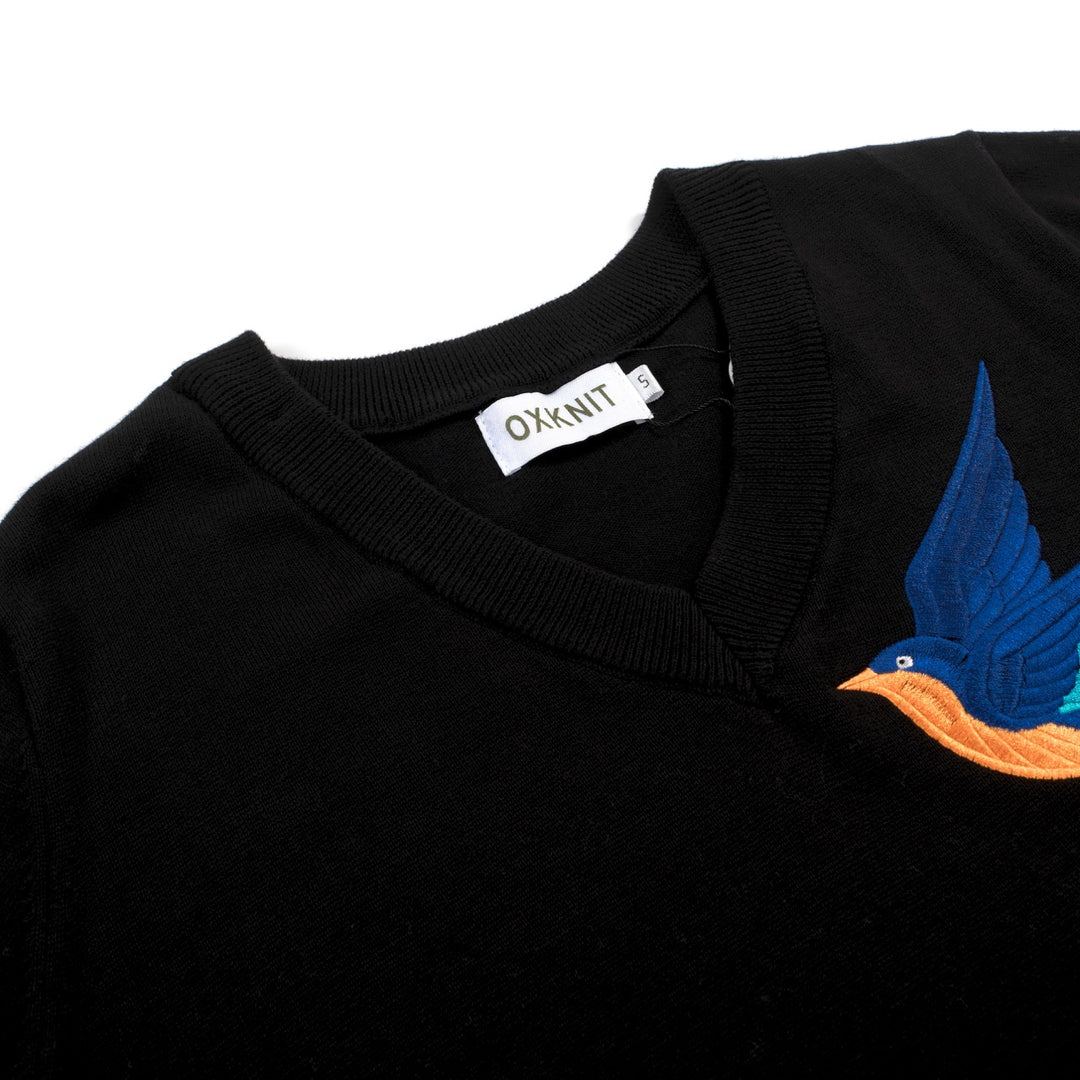 Women's classic black bird embroidered knit T-shirt