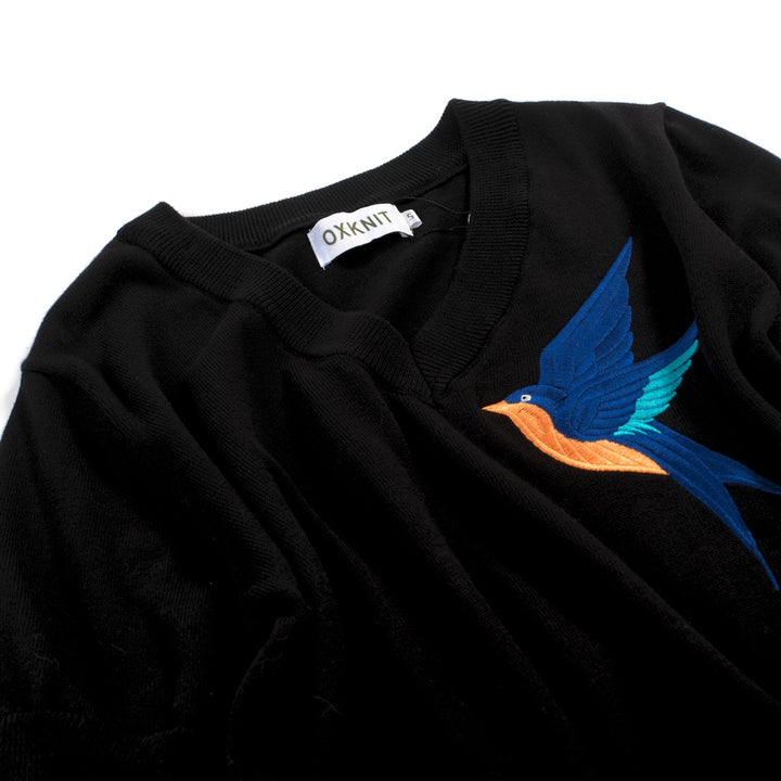 Women's classic black bird embroidered knit T-shirt