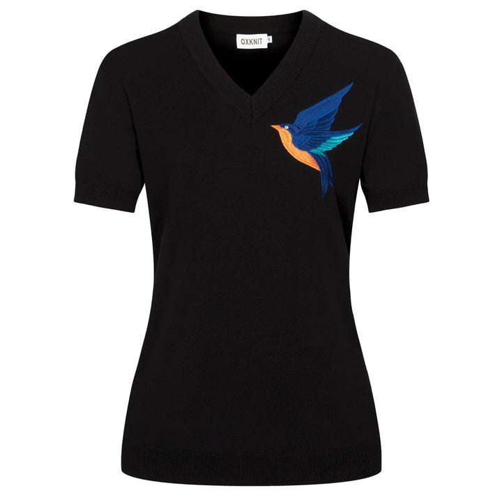 Women's classic black bird embroidered knit T-shirt