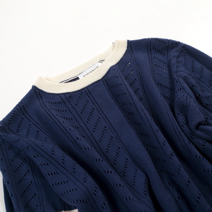 Women's Dark Blue Simple Retro Classic Jacquard Knit T-shirt