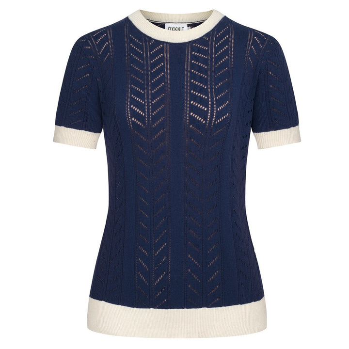 Women's Dark Blue Simple Retro Classic Jacquard Knit T-shirt