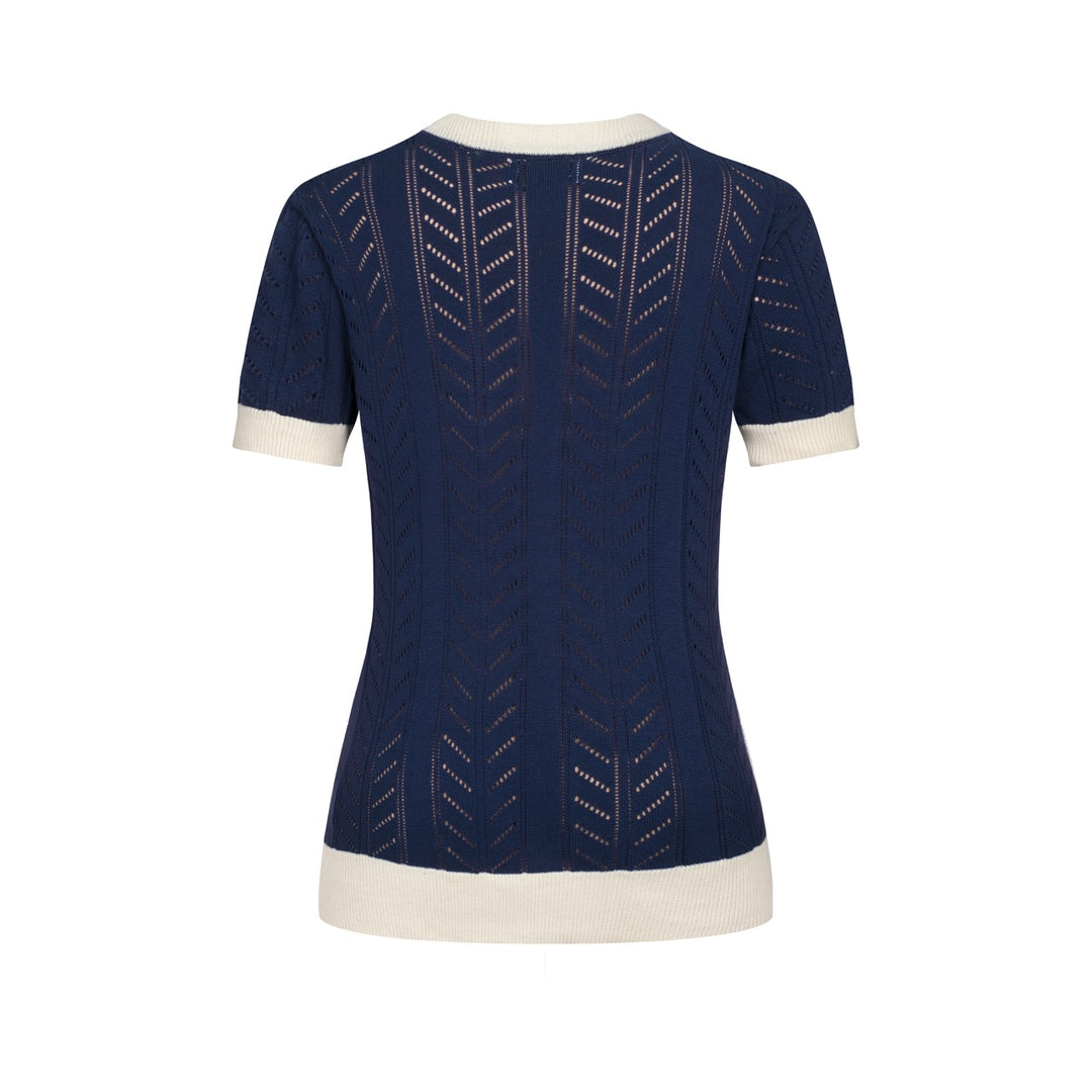Women's Dark Blue Simple Retro Classic Jacquard Knit T-shirt
