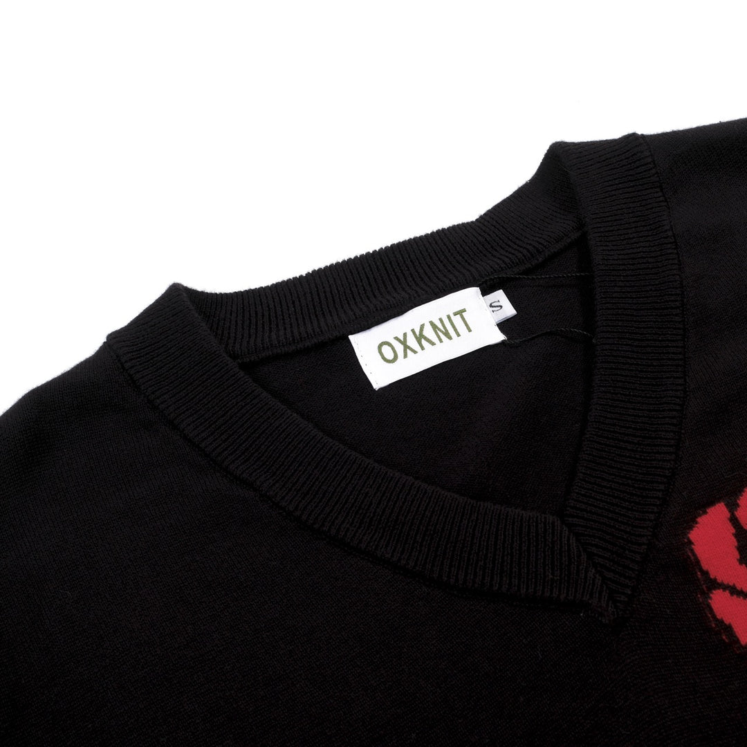 Women's black rose Jacquard vintage knit V-neck T-shirt