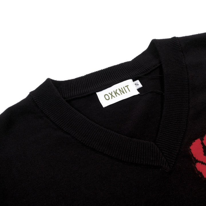 Women's black rose Jacquard vintage knit V-neck T-shirt