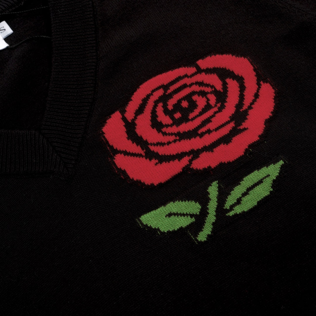 Women's black rose Jacquard vintage knit V-neck T-shirt