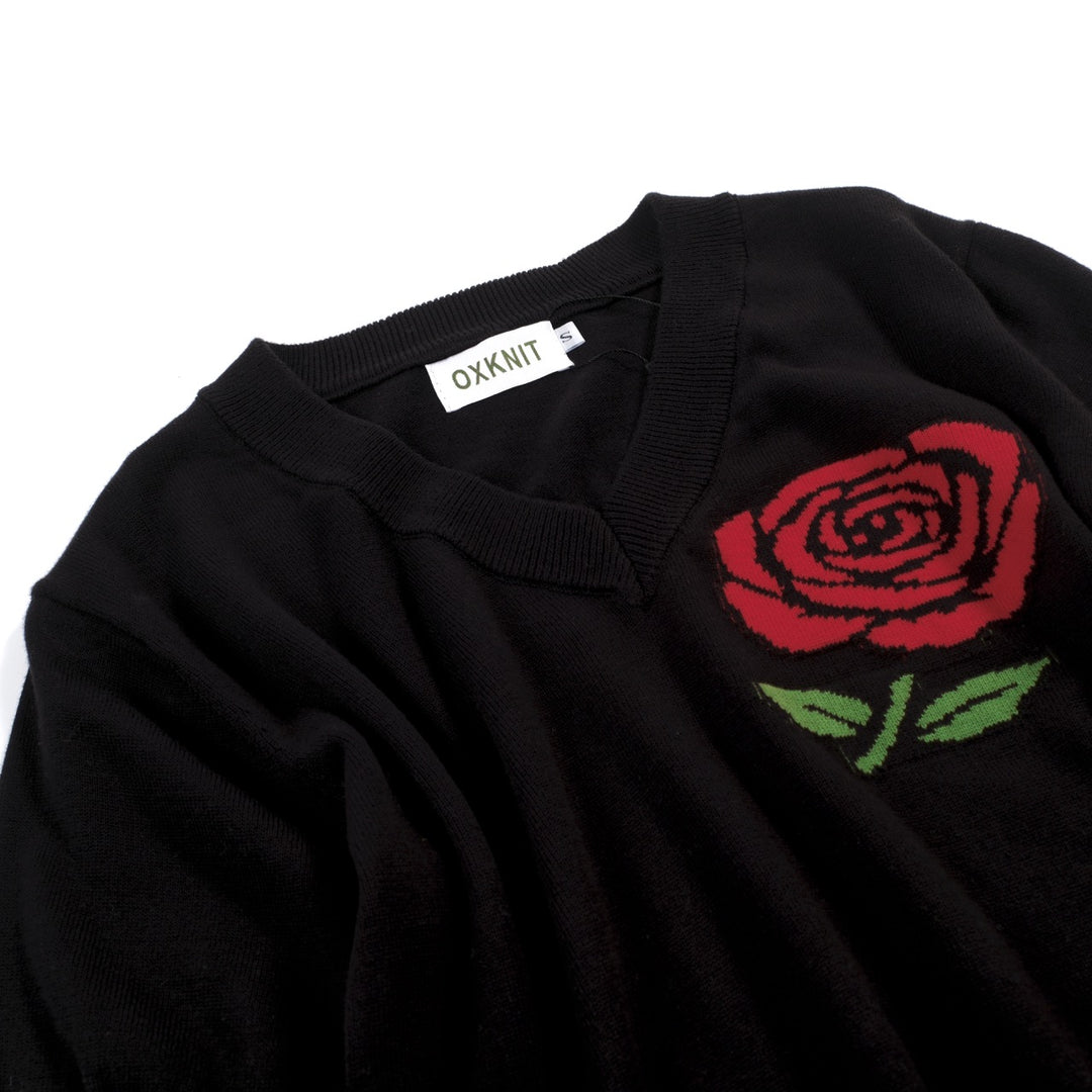 Women's black rose Jacquard vintage knit V-neck T-shirt