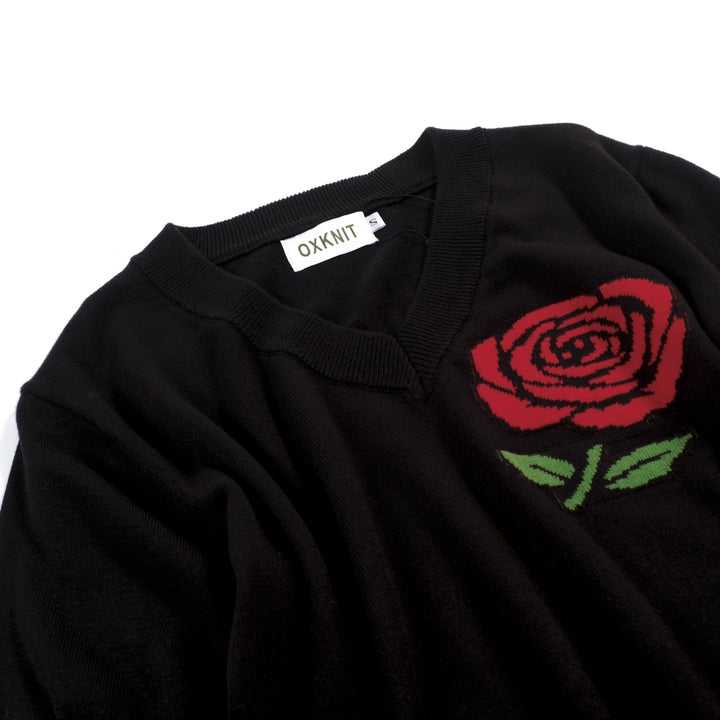 Women's black rose Jacquard vintage knit V-neck T-shirt