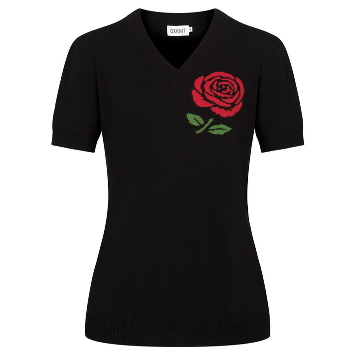 Women's black rose Jacquard vintage knit V-neck T-shirt