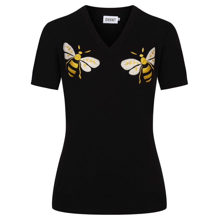 Women's black Bee embroidered vintage knit V-neck T-shirt