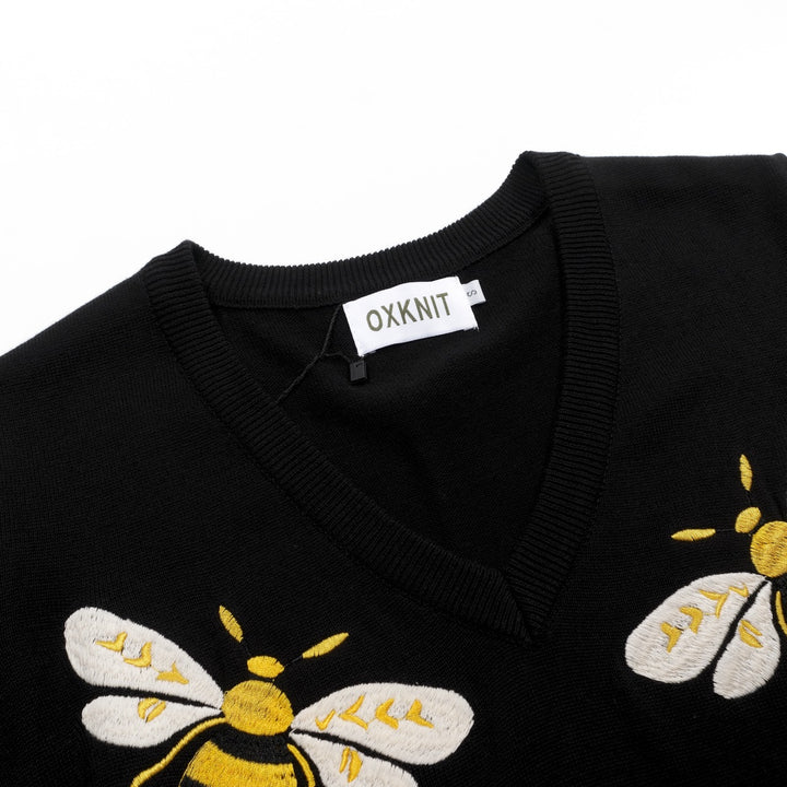 Women's black Bee embroidered vintage knit V-neck T-shirt