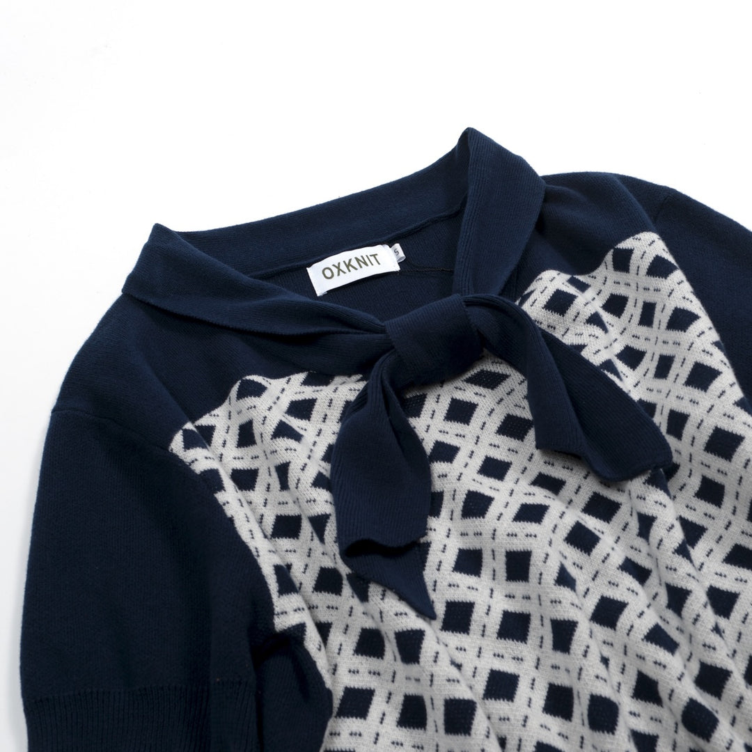 Women's dark blue vintage knit jacquard strappy T-shirt